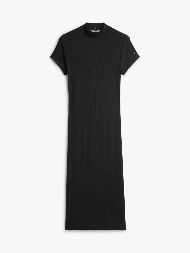 Negru Rochie Midi Mulata Ribbed Cu Croiala Slim Si Guler Mock  Femei