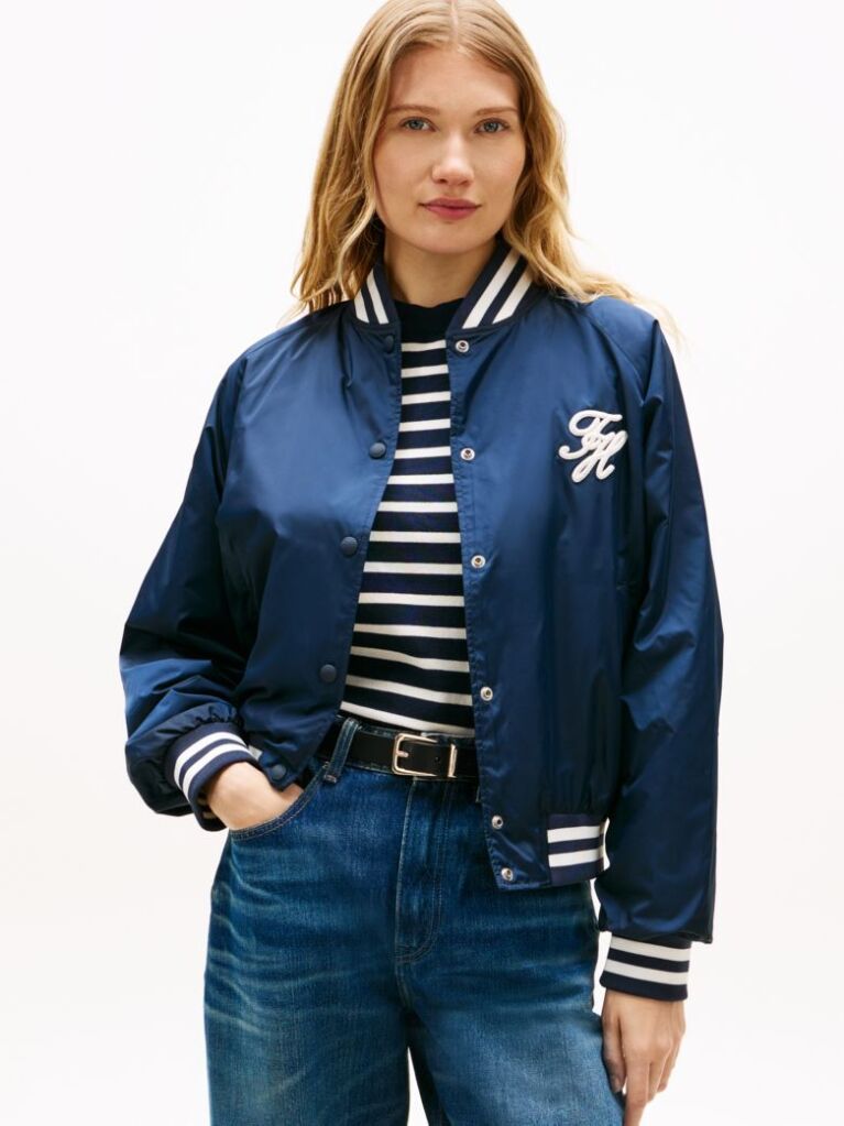 Blue Jacheta Bomber Hidrofuga Cu Logo Appliqué  Femei