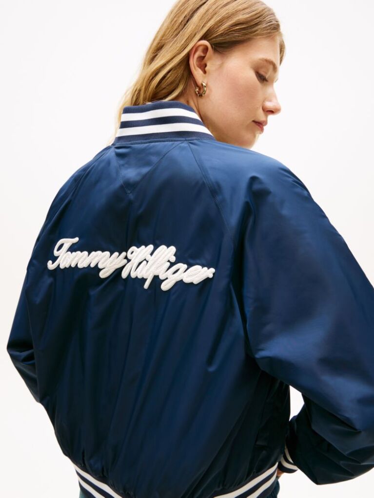 Blue Jacheta Bomber Hidrofuga Cu Logo Appliqué  Femei