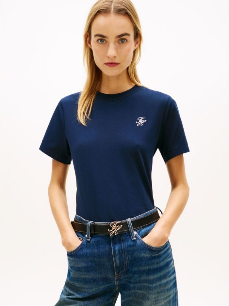 Blue Tricou Cu Guler Rotund Si Logo Brodat  Femei
