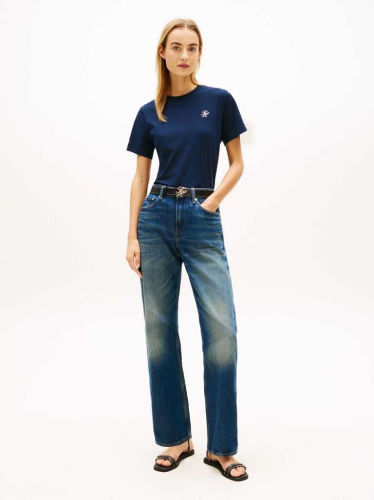 Blue Tricou Cu Guler Rotund Si Logo Brodat  Femei