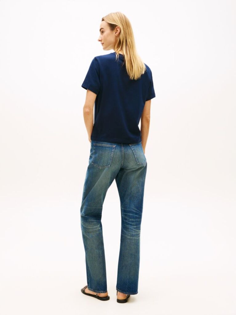 Blue Tricou Cu Guler Rotund Si Logo Brodat  Femei