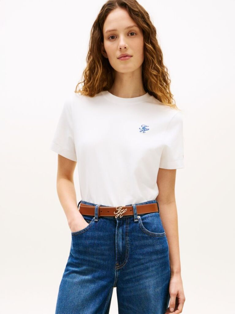 Alb Tricou Cu Guler Rotund Si Logo Brodat  Femei