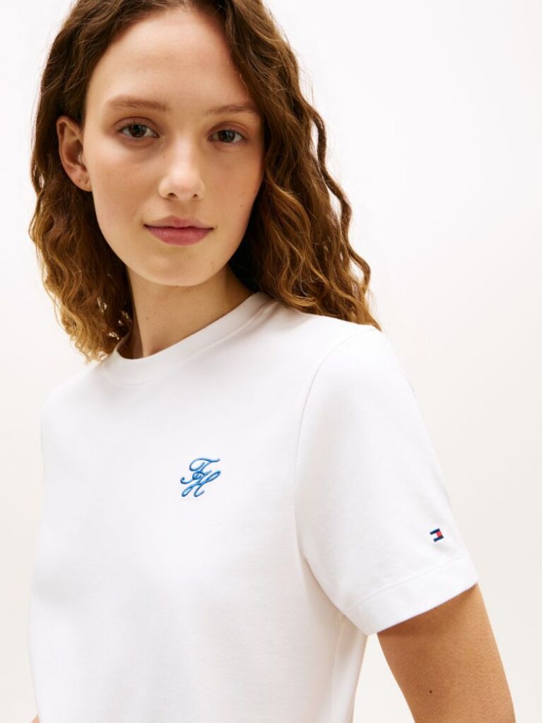 Alb Tricou Cu Guler Rotund Si Logo Brodat  Femei