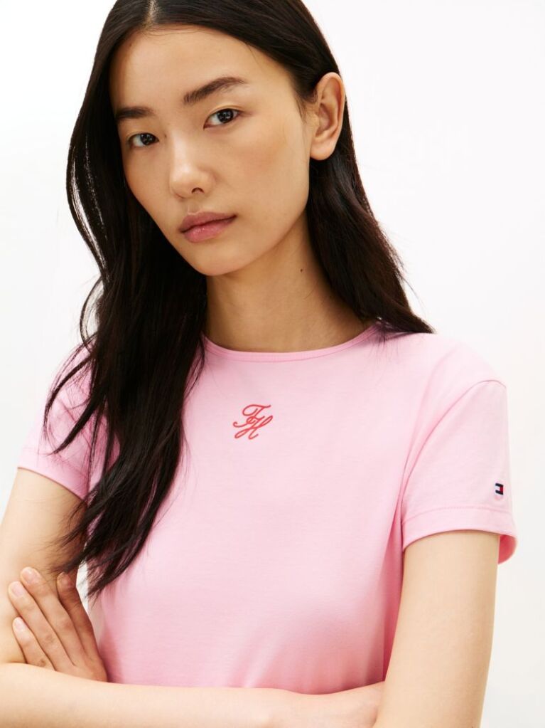 Roz Tricou Slim Din Jersey Cu Logo Texturat  Femei