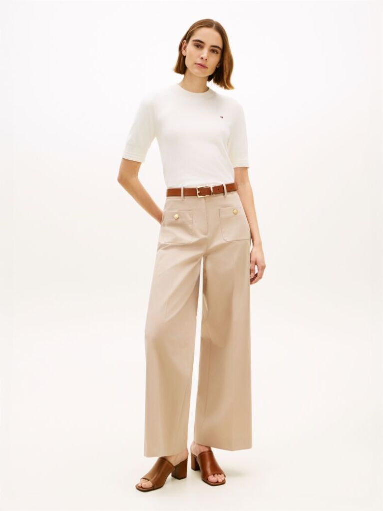 Beige Crest Embossed Button Wide Leg Chinos  Women