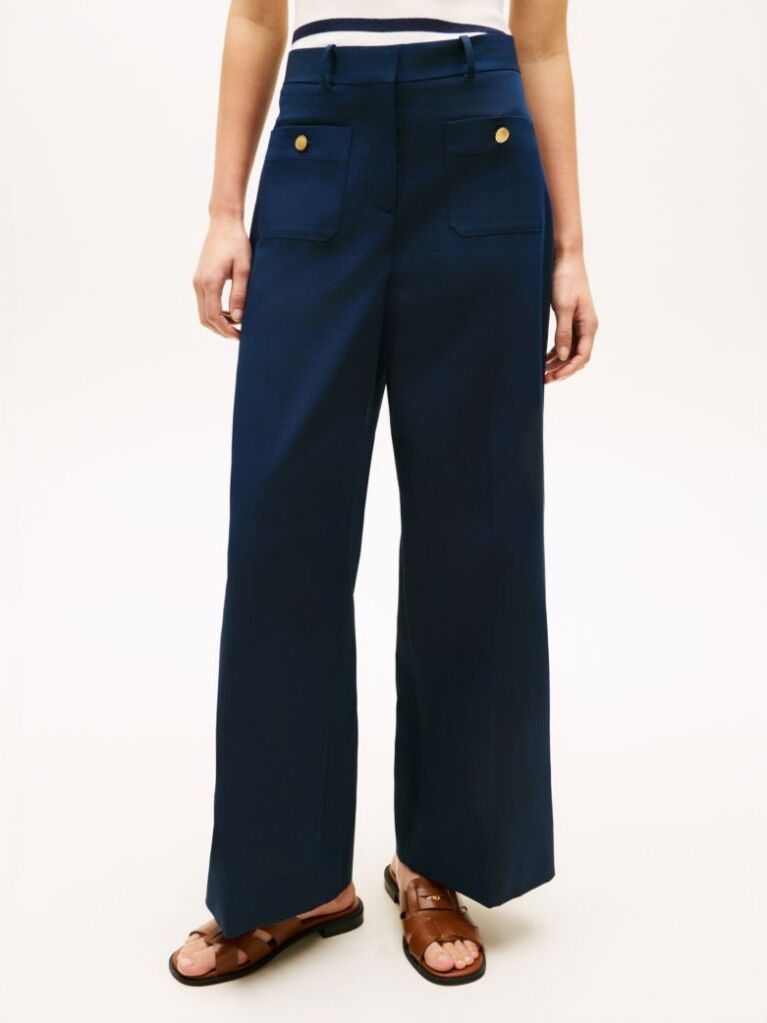 Blue Crest Embossed Button Wide Leg Chinos  Women