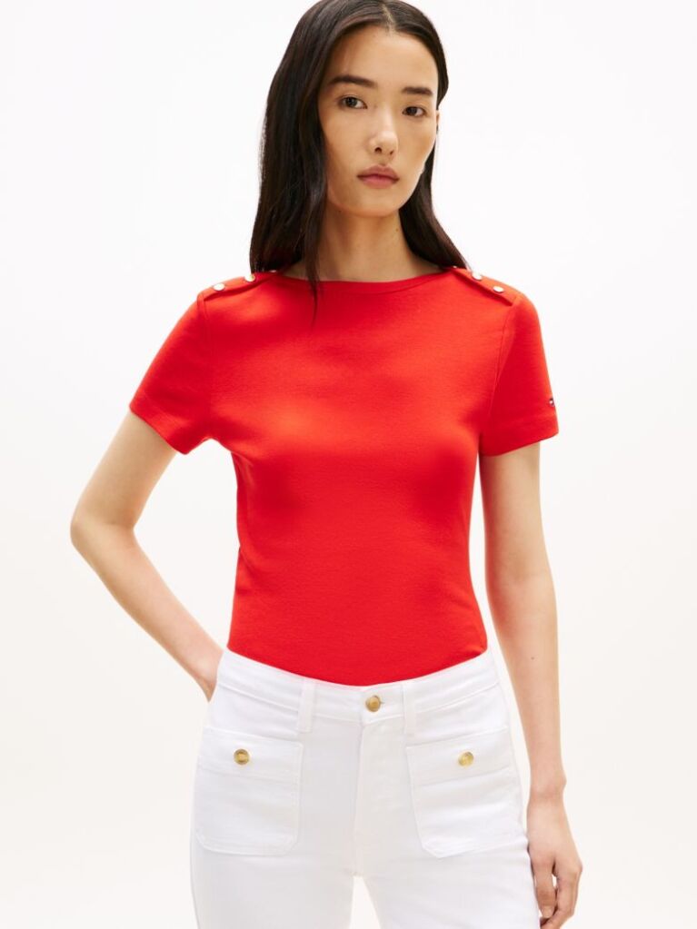 Rosu Tricou Slim Cu Guler Boat Si Nasturi Aurii  Femei