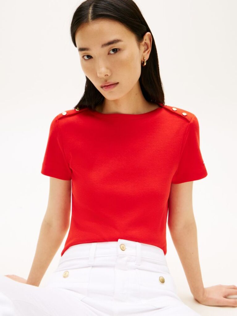 Rosu Tricou Slim Cu Guler Boat Si Nasturi Aurii  Femei