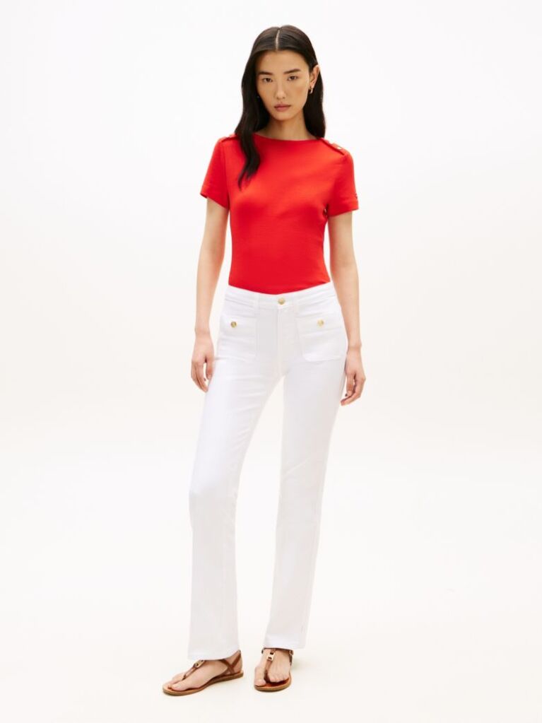 Rosu Tricou Slim Cu Guler Boat Si Nasturi Aurii  Femei