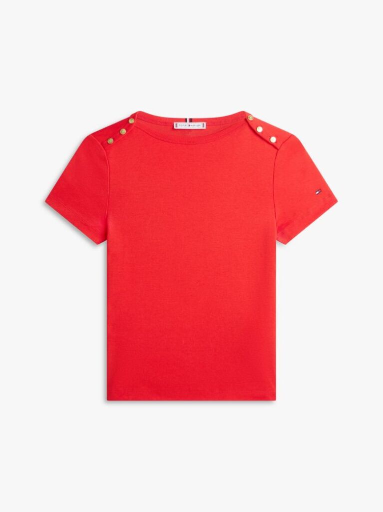 Rosu Tricou Slim Cu Guler Boat Si Nasturi Aurii  Femei