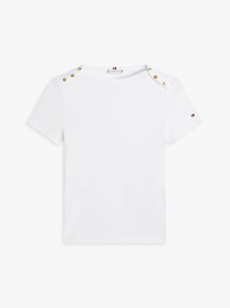 Alb Tricou Slim Cu Guler Boat Si Nasturi Aurii  Femei