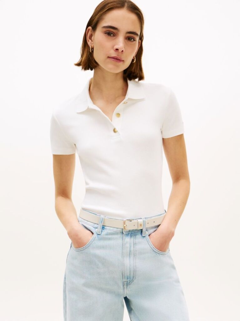 Alb Bluza Polo Slim Cu Nasturi Aurii  Femei
