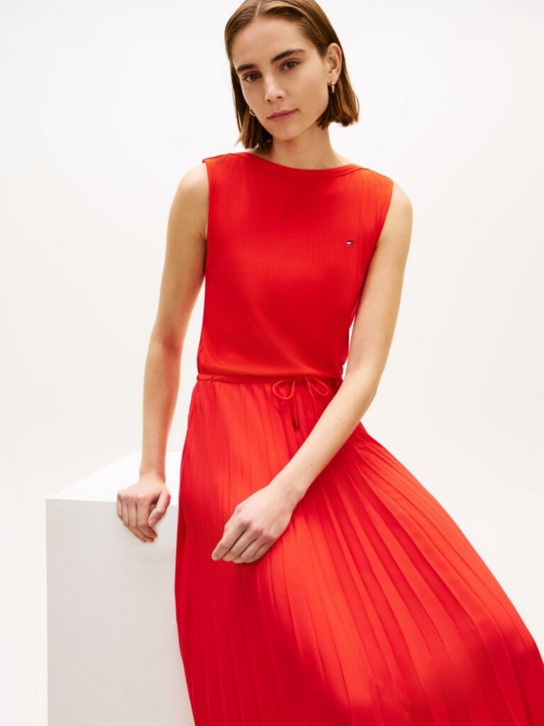 Rosu Rochie Midi Slim Fara Maneci Cu Pliuri  Femei