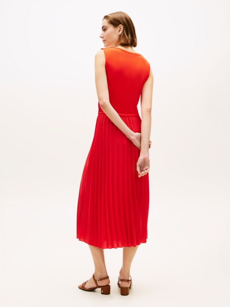 Rosu Rochie Midi Slim Fara Maneci Cu Pliuri  Femei