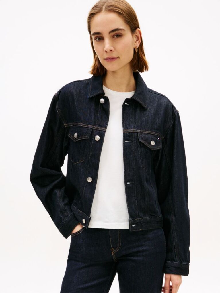 Blue Jacheta Din Denim Plisata Cu Broderie Cu Steag  Femei