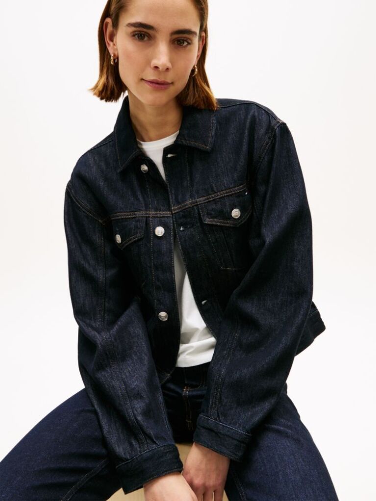 Blue Jacheta Din Denim Plisata Cu Broderie Cu Steag  Femei