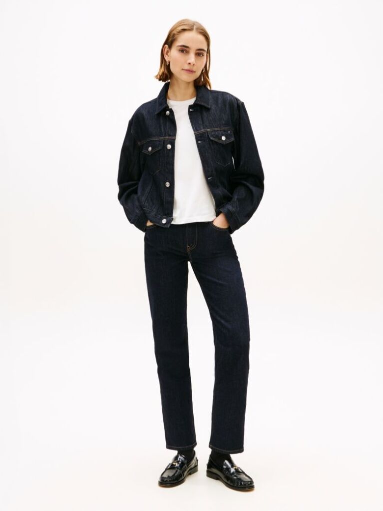 Blue Jacheta Din Denim Plisata Cu Broderie Cu Steag  Femei