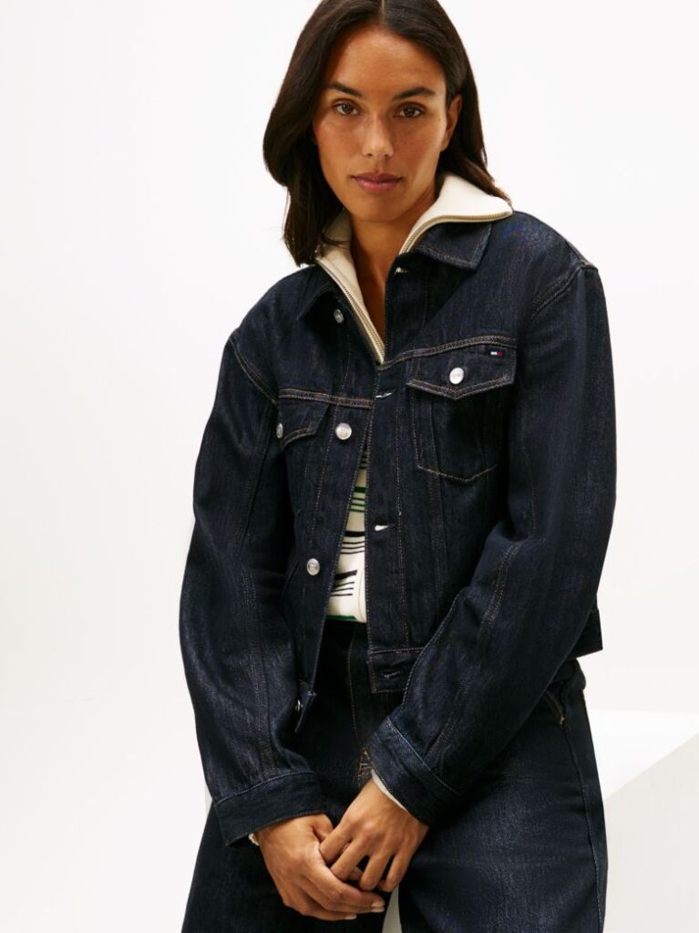 Blue Jacheta Din Denim Plisata Cu Broderie Cu Steag  Femei