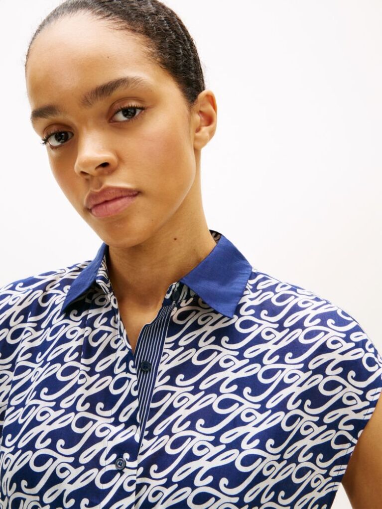 Blue Print Voile Midi Shirt Dress With Silk  Women