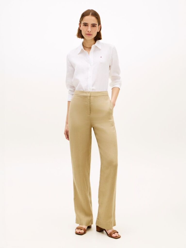 Bej Pantaloni Straight Tailored Din Amestec De In   Femei