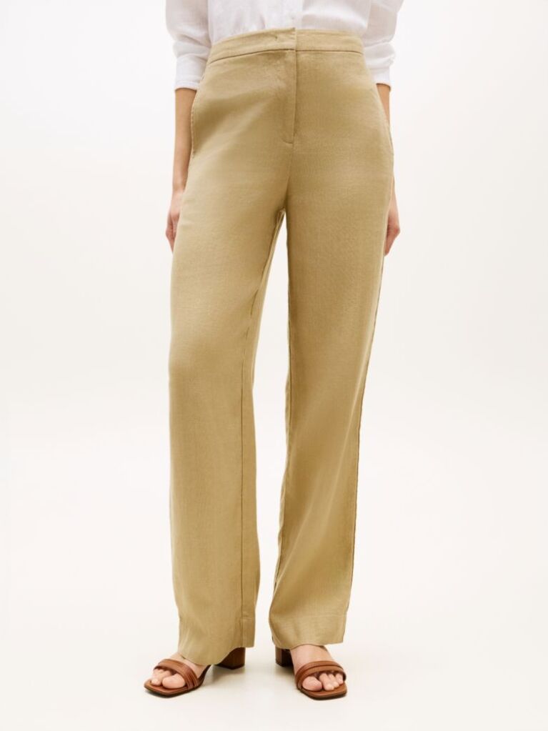 Bej Pantaloni Straight Tailored Din Amestec De In   Femei