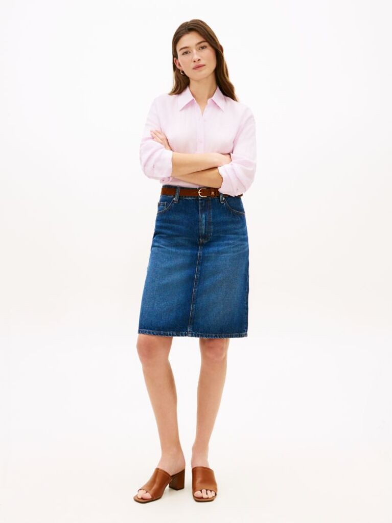 Blue Fusta Pencil Din Denim Cu Talie Medie Si Croiala Dreapta  Femei