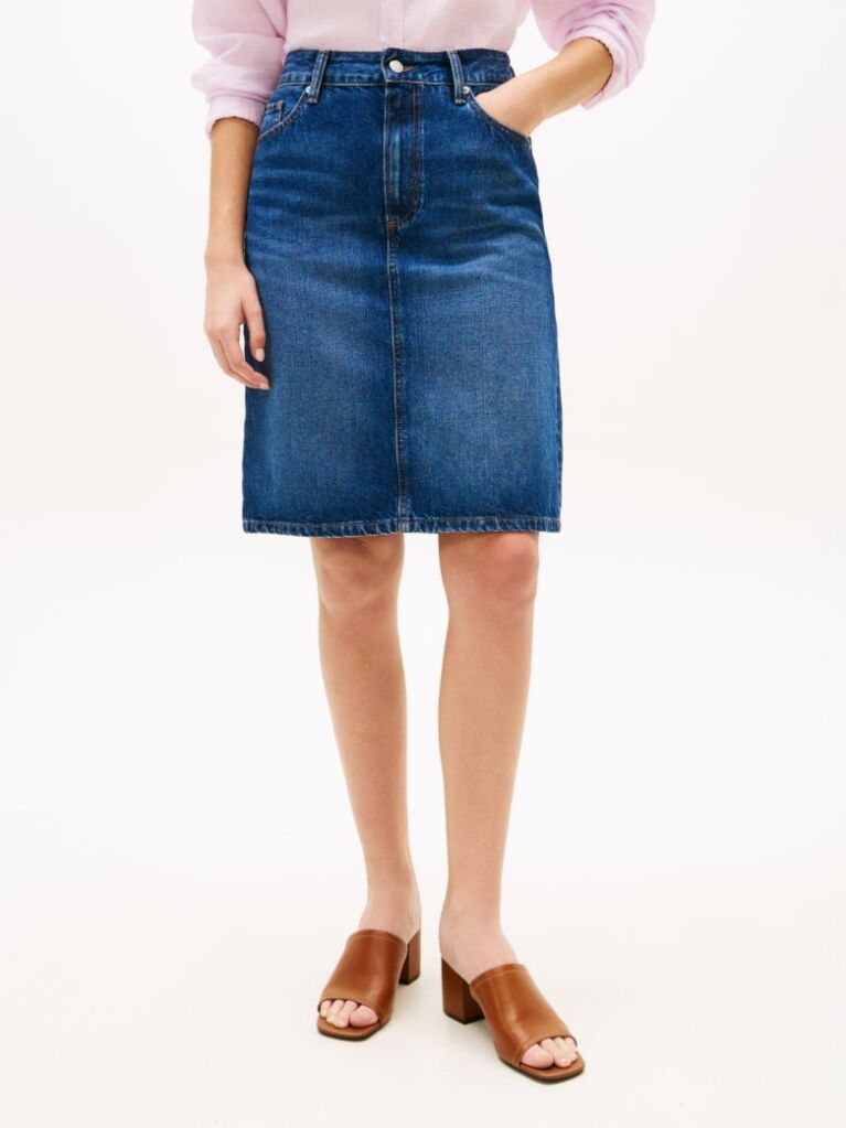 Blue Fusta Pencil Din Denim Cu Talie Medie Si Croiala Dreapta  Femei