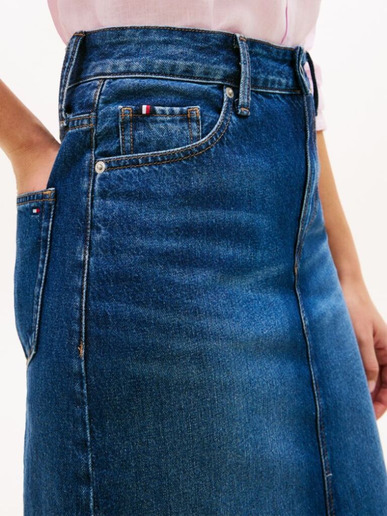 Blue Fusta Pencil Din Denim Cu Talie Medie Si Croiala Dreapta  Femei