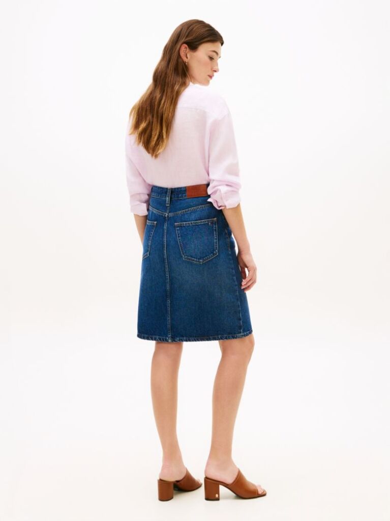 Blue Fusta Pencil Din Denim Cu Talie Medie Si Croiala Dreapta  Femei