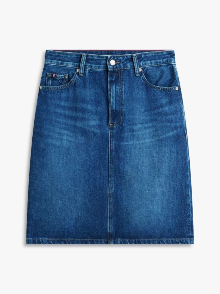 Blue Fusta Pencil Din Denim Cu Talie Medie Si Croiala Dreapta  Femei