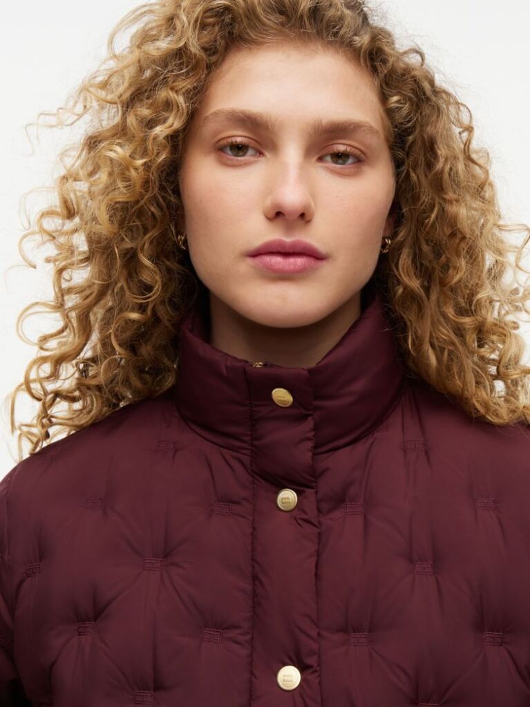 Red Gold-Tone Button Flag Down Quilted Jacket  Women