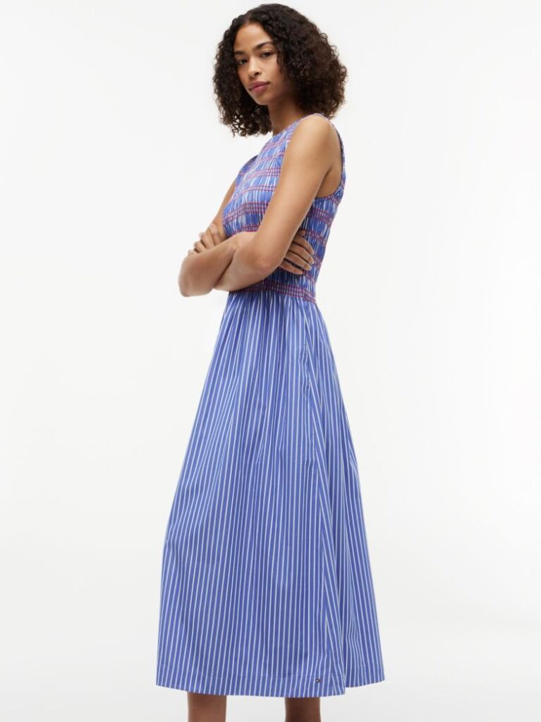 Multi Stripe Smock Sleeveless Fit And Flare Maxi Dress  Women