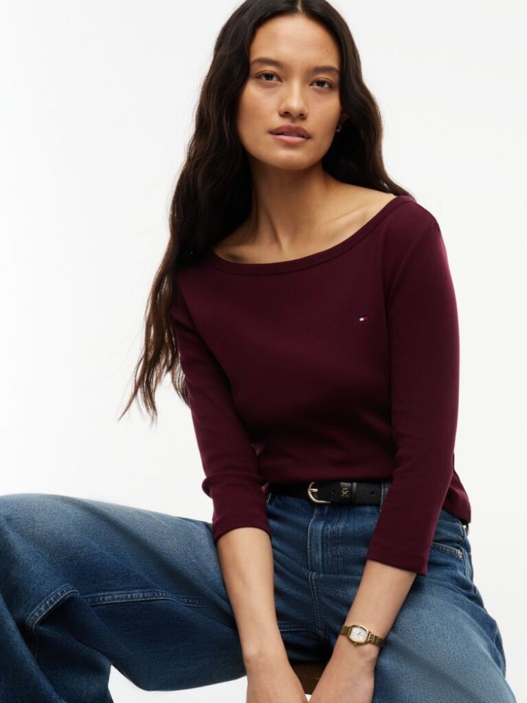 Rosu T-Shirt Cu Maneca Trei Sferturi Croiala Slim Si Guler Boat  Femei