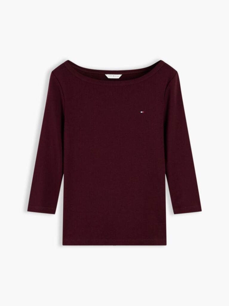 Rosu T-Shirt Cu Maneca Trei Sferturi Croiala Slim Si Guler Boat  Femei