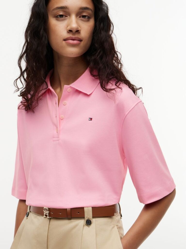 Roz Tricou Polo Din Tricot Interlock Croiala Lejera  Femei