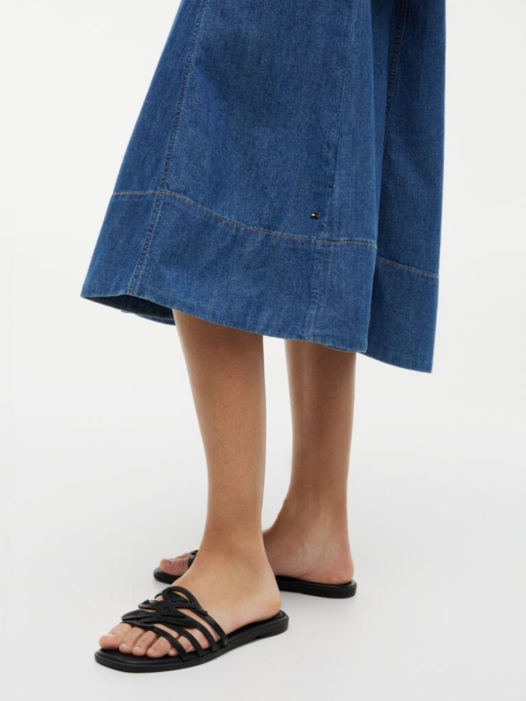 Blue Belted Denim Fit And Flare Midi Dress  Women