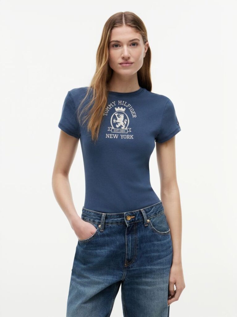 Blue Tricou Slim Washed Crest  Femei