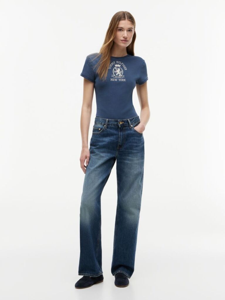 Blue Tricou Slim Washed Crest  Femei