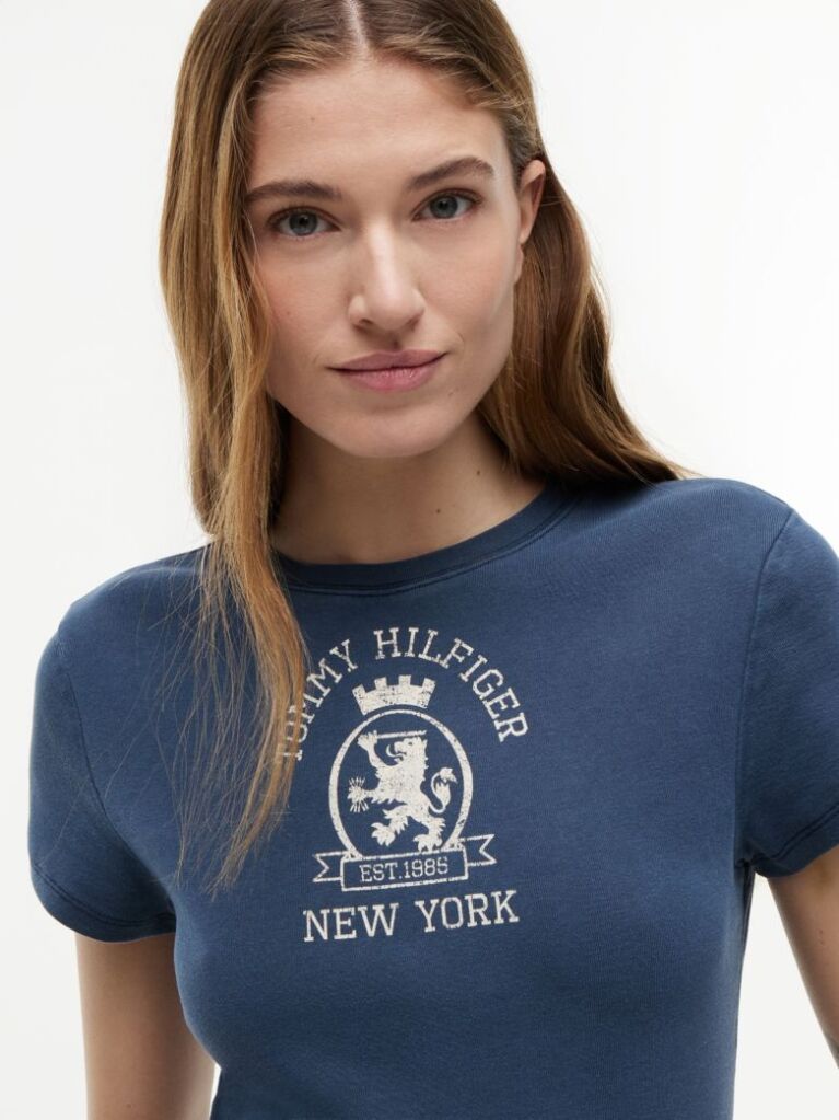 Blue Tricou Slim Washed Crest  Femei