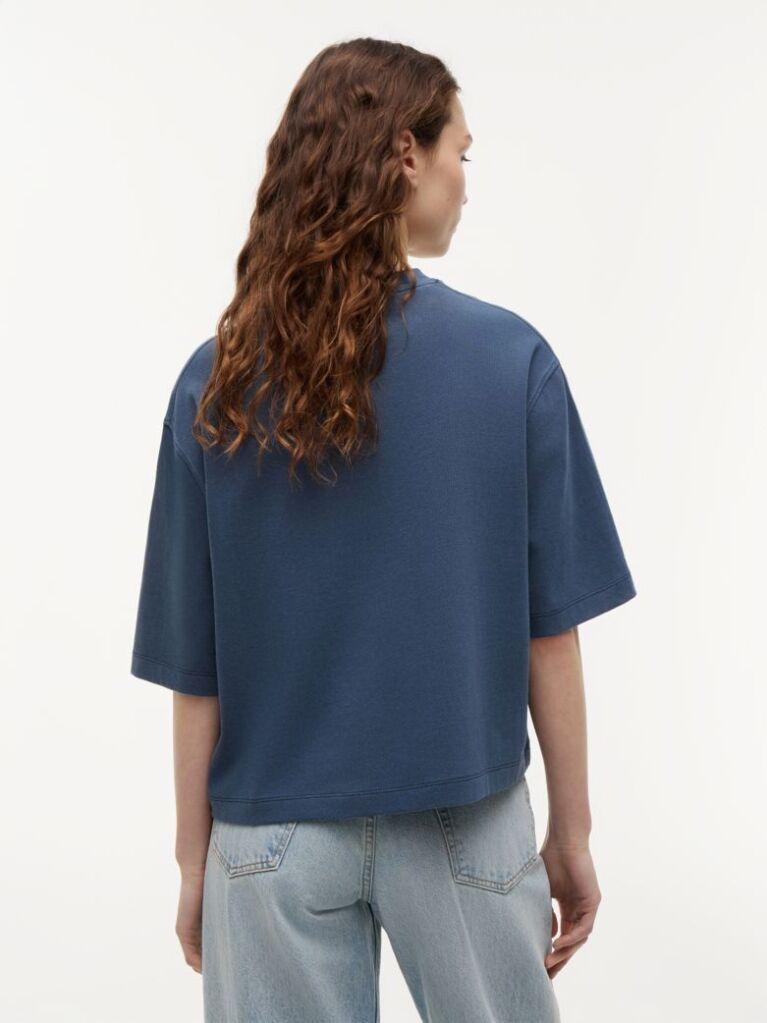 Blue Tricou Din Jersey Spalat Cu Croiala Lejera Si Broderie Pe Guler  Femei