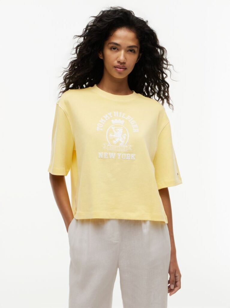 Galben Tricou Din Jersey Spalat Cu Croiala Lejera Si Broderie Pe Guler  Femei
