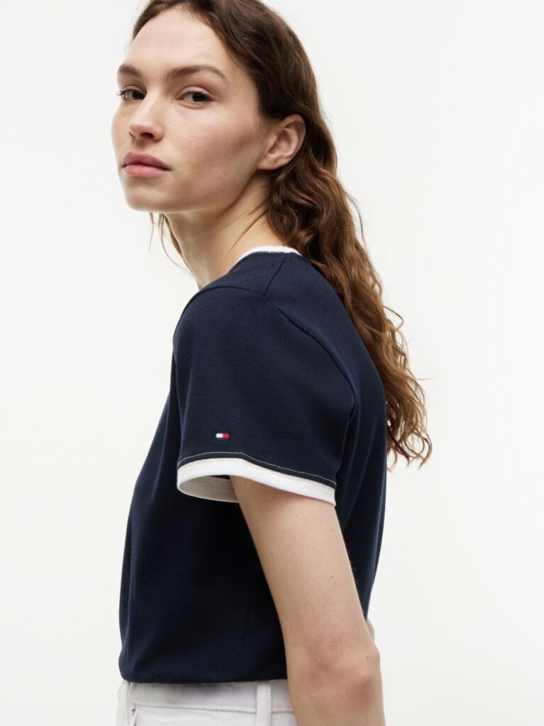 Blue Tricou Cu Guler Rotund Si Logo Brodat  Femei
