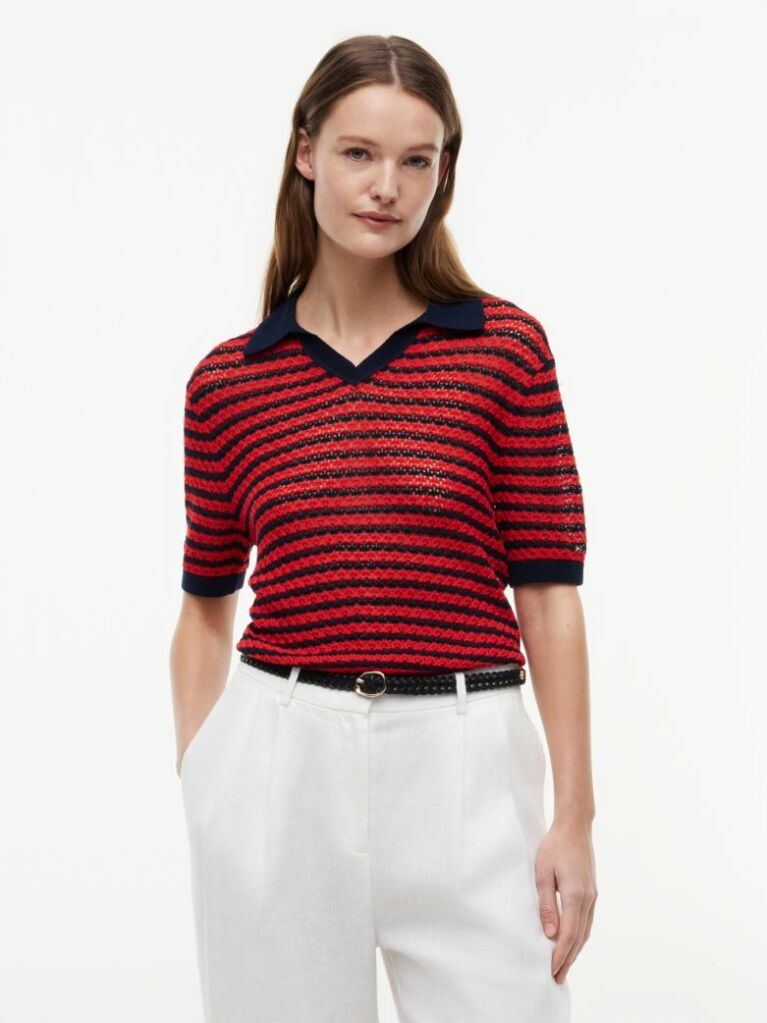 Multi Pointelle Relaxed Short Sleeve Polo Jumper  Women