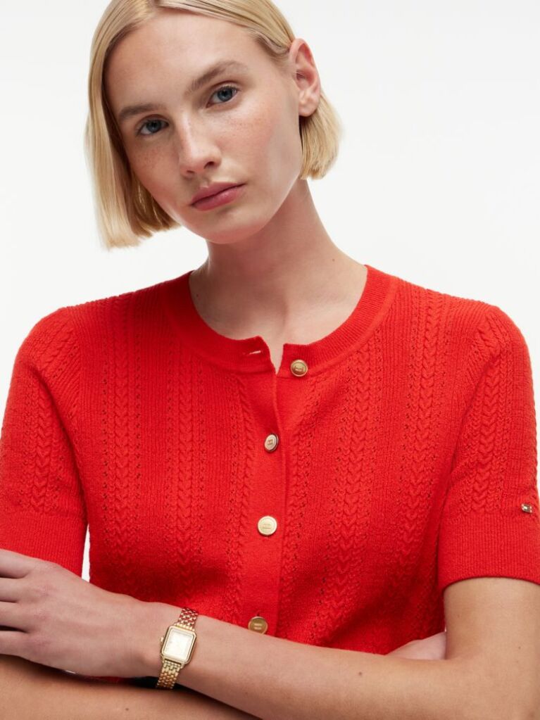 Rosu Cardigan Cu Maneci Scurte Si Nasturi Aurii Cu Model Pointelle  Femei