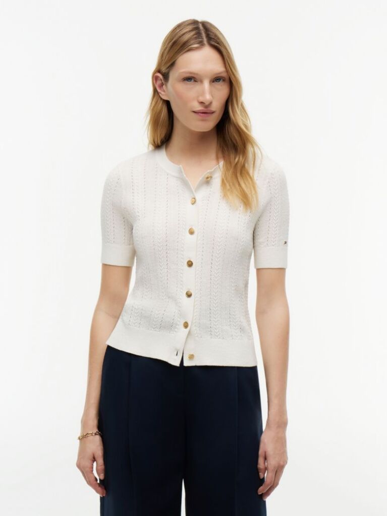Beige Pointelle Gold-Tone Button Short Sleeve Cardigan  Women