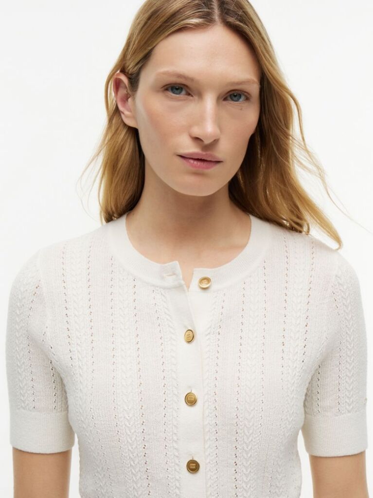 Beige Pointelle Gold-Tone Button Short Sleeve Cardigan  Women