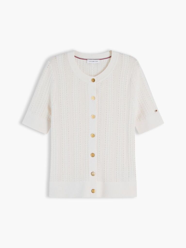 Beige Pointelle Gold-Tone Button Short Sleeve Cardigan  Women