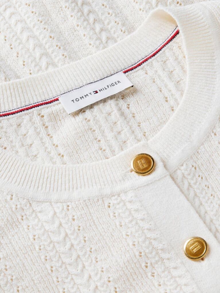 Beige Pointelle Gold-Tone Button Short Sleeve Cardigan  Women