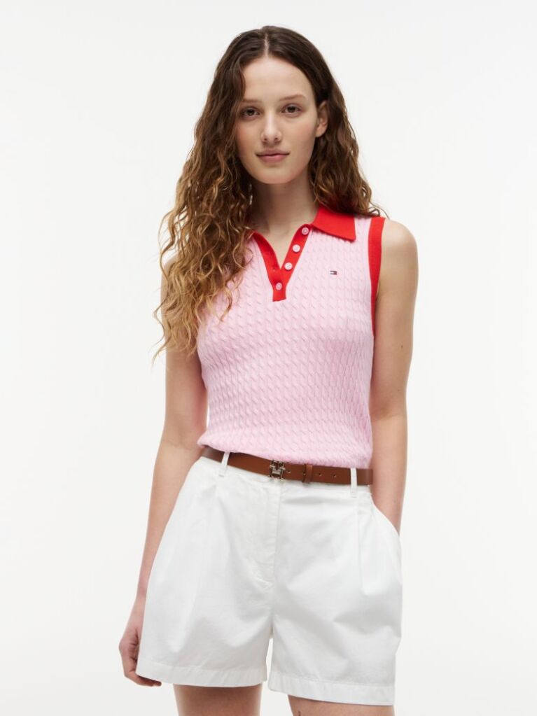 Pink Cable Knit Slim Sleeveless Polo Jumper  Women